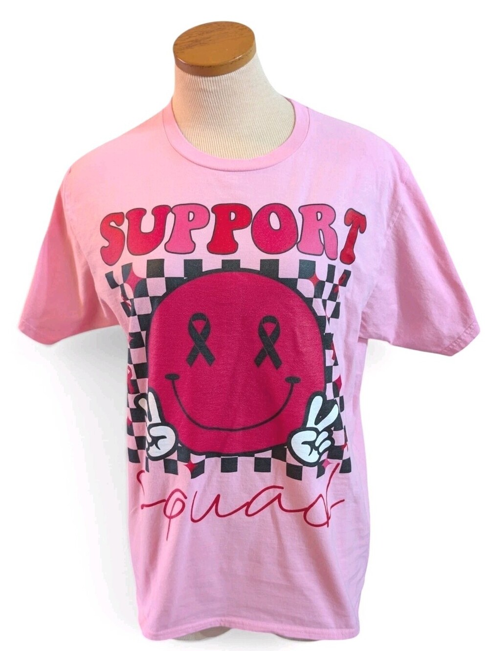 Support Squad Pink Ribbon Breast Cancer Awareness Smiley Face T Shirt Large Pink